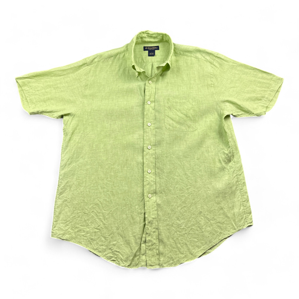 Vintage Brooks Brothers Shirt Adult LARGE Green Irish Linen Button Down 90s